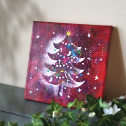 【原画】クリスマスツリー赤　絵画　キャンバスアート　20cm角 5枚目の画像