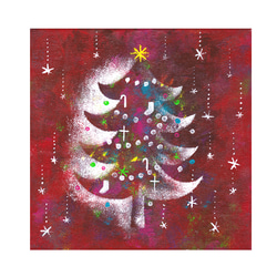 【原画】クリスマスツリー赤　絵画　キャンバスアート　20cm角 1枚目の画像