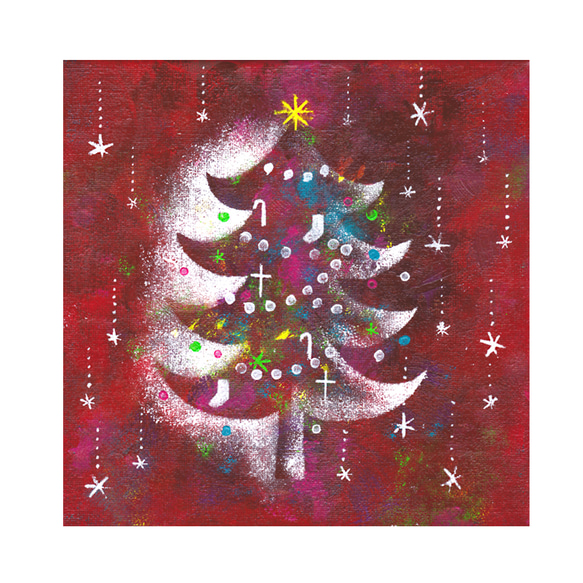 【原画】クリスマスツリー赤　絵画　キャンバスアート　20cm角 1枚目の画像