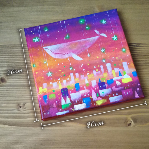 原画】 空飛ぶクジラ 絵画 キャンバスアート 20cm角 絵画 118Art