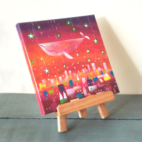 抽象画 クジラのキャンバスアート 約20cm x 25cm 花とクジラのアートキャンバスボード（長方形・正方形