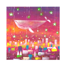 【原画】　空飛ぶクジラ　絵画　キャンバスアート　20cm角　 1枚目の画像