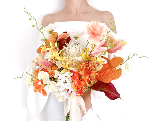 チューリップと蘭のオレンジ テラコッタブーケ 秋ブーケ 冬ブーケ