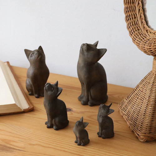 再制作 5匹セット 天然無垢ウッド 木彫り ART 見上げる猫一家 ネコ