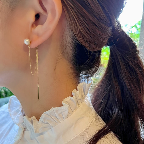 coco vanilla* 一粒 淡水パール デザインチェーンピアス