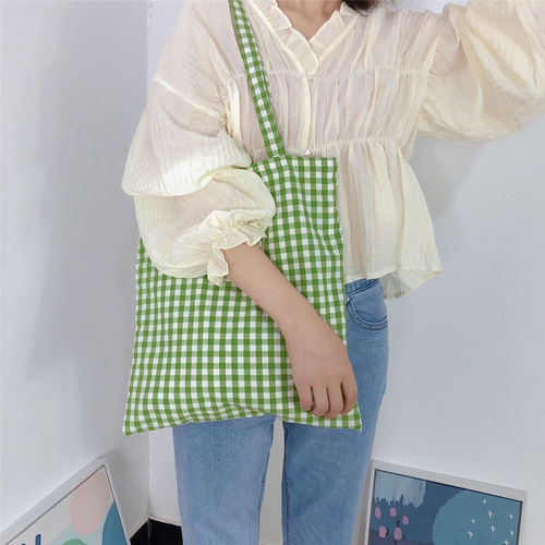 グリーン 緑 チェック 綿麻 トートバッグ ハンドバッグ 肩掛け