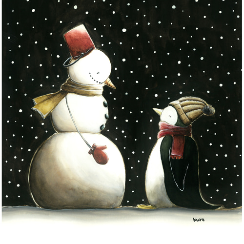 受注制作】雪の日の贈り物【ペンギンと雪だるま】 絵画 kuro