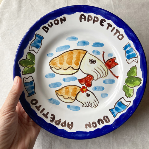 リム付き丸皿 20cm CRC011 マヨリカ焼き イタリア陶器 海 魚 中
