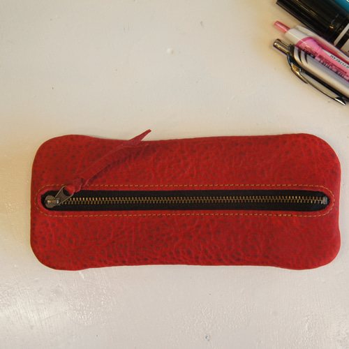 本革製 ペンケース PK1 RED 赤 牛革製 ファスナータイプペンケース  