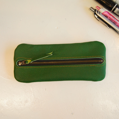 本革製 ペンケース PK1 GR 緑 牛革製 ファスナータイプペンケース 筆箱