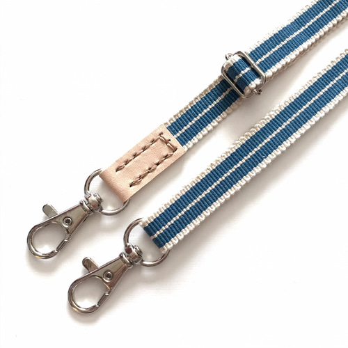 真田紐（平織）ショルダーベルト（ヌメ革ナチュラル色・青色白筋柄