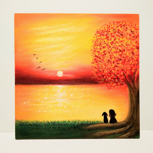 秋の空 紅葉の木の下で穏かな時間 【原画】風景アート 絵画 小さな