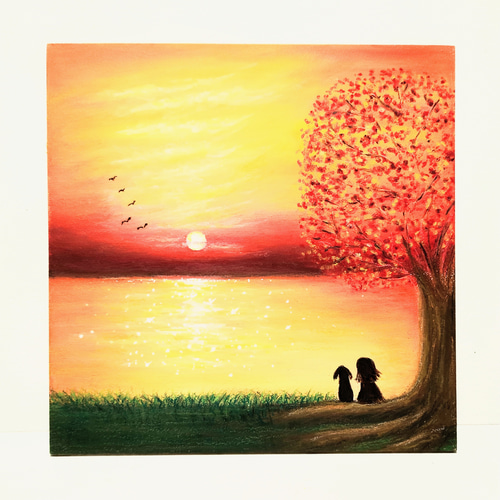 半額SALE｜絵画 原画 抽象画 植物画 イラスト ドローイング 秋 紅葉 秋の空 紅葉の木の下で穏かな時間 【原画】風景アート 絵画 小さな
