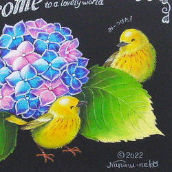 アジサイでかくれんぼ・６月の誕生花・手まり紫陽花・なかよし小鳥・さわやか・メルヘン・癒し・パステル画・一点物・フレーム付 5枚目の画像