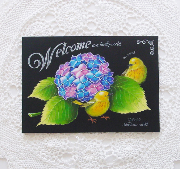 アジサイでかくれんぼ・６月の誕生花・手まり紫陽花・なかよし小鳥・さわやか・メルヘン・癒し・パステル画・一点物・フレーム付 6枚目の画像