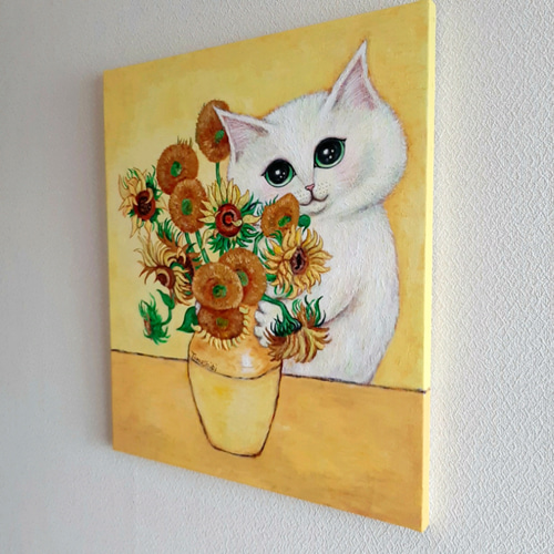 絵画 猫 猫の絵 アクリル画 ゴッホ 向日葵 オマージュ cat art 絵画 猫 ゴッホ 向日葵 ミニ画 パロディ オマージュ cat art