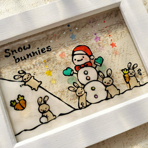 送料無料*ステンドグラス風*雪だるまとうさぎ・イラスト・冬