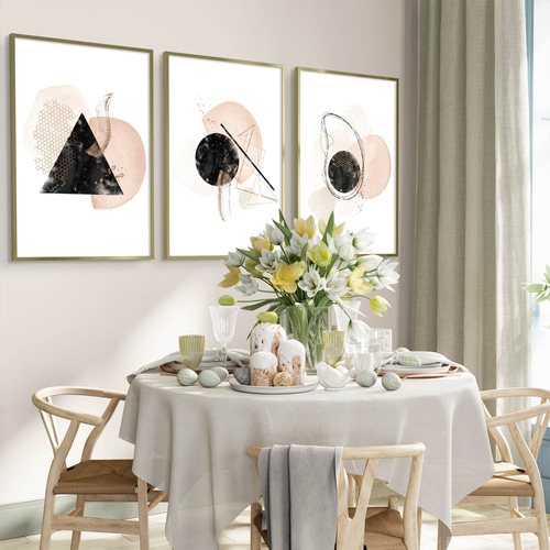 アートポスター 北欧風 抽象画 幾何学 ピンク ブラック ベージュ 水彩