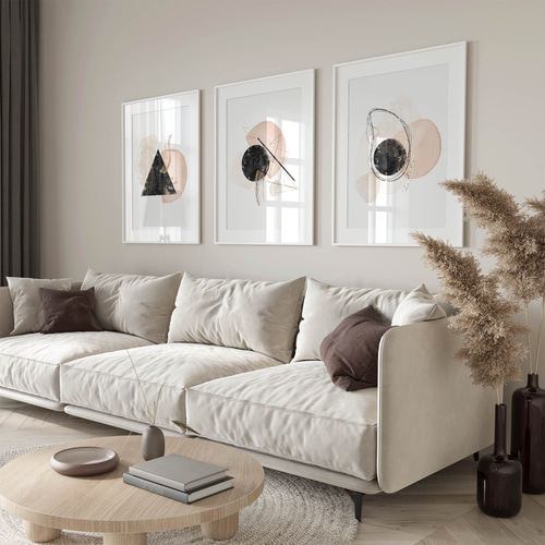 アートポスター 北欧風 抽象画 幾何学 ピンク ブラック ベージュ 水彩