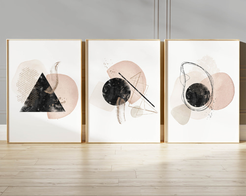 アートポスター 北欧風 抽象画 幾何学 ピンク ブラック ベージュ 水彩