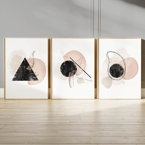 アートポスター 北欧風 抽象画 幾何学 ピンク ブラック ベージュ 水彩