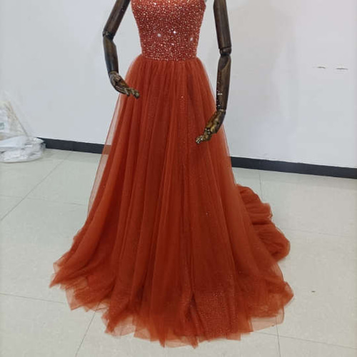 美品！テラコッタカラードレス キラキラチュール 編み上げ 抜群の  