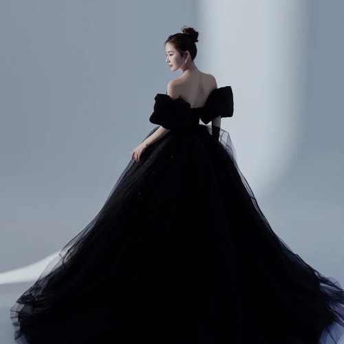 ボリューム袖付 チューブトップ ブラックドレス 二次会 前撮り ドレス  