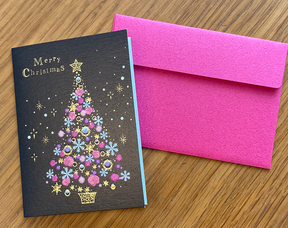 再入荷！日本製！人気商品！『クリスマスミニカード ！クリスマスツリー柄』～ブラック地　２セット～ 4枚目の画像