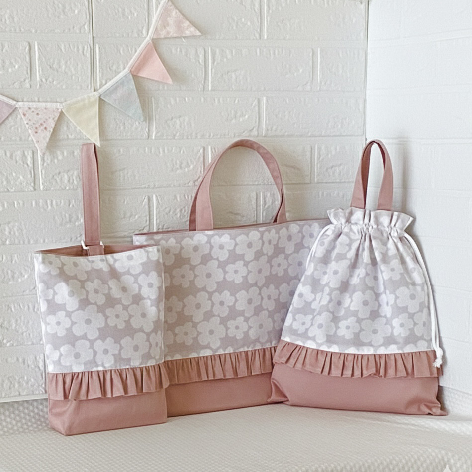 選べる2カラー　北欧花柄　ニュアンスカラー　くすみピンク　3点セット　入園入学　北欧柄　サイズオーダー　【308】