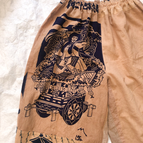 柿渋染め 手ぬぐいリメイク ワイドパンツ 山車 キュロット