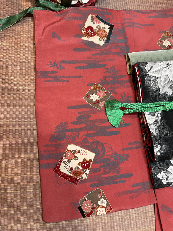 ブラックポインセチア　オリジナルリバーシブル京袋帯と着物のセット❣️腰紐or仮紐付き 10枚目の画像