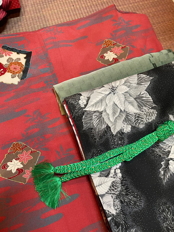 ブラックポインセチア　オリジナルリバーシブル京袋帯と着物のセット❣️腰紐or仮紐付き 6枚目の画像