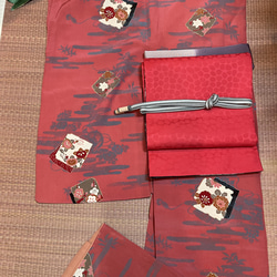 ブラックポインセチア　オリジナルリバーシブル京袋帯と着物のセット❣️腰紐or仮紐付き 12枚目の画像