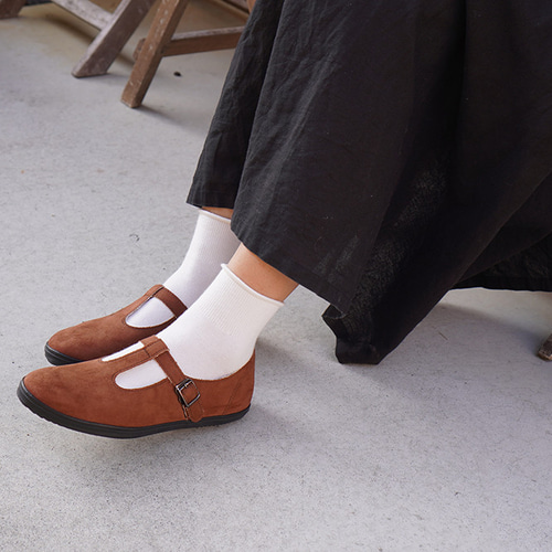 Tストラップシューズ｜足あたりやわらか｜スエード調ブラウン