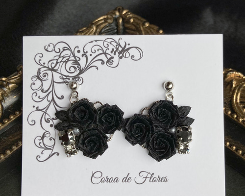 【新作】薔薇あみあみ転写模様ピアス　イヤリング〜black〜 960b223fedaf67111b373ef117a3ea