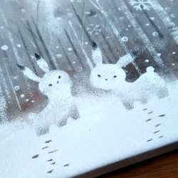 【原画】　冬の森シリーズ　ユキウサギ　絵画　キャンバスアート　20cm角　 4枚目の画像