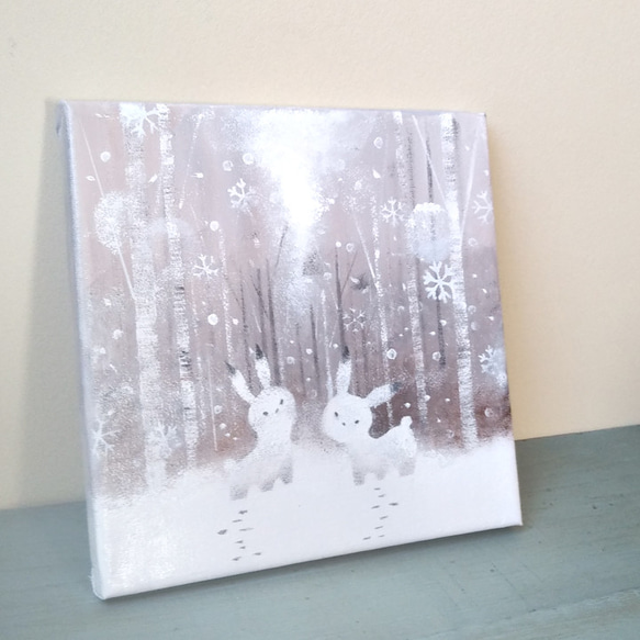 【原画】　冬の森シリーズ　ユキウサギ　絵画　キャンバスアート　20cm角　 6枚目の画像