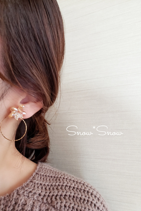 【2way✨】clear*brown flower×designフープのノンホールピアス 3枚目の画像