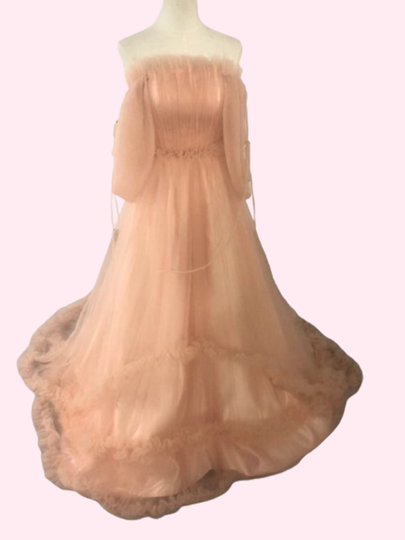 パーティードレス 姫袖 ベアトップ 薄桃色 花嫁 拳式 二次会 ソフト  