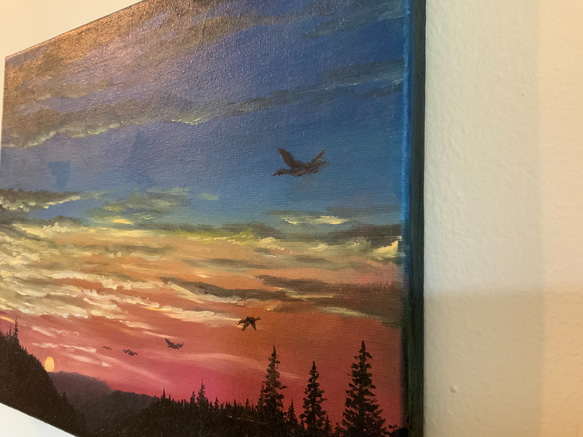 【手描きの油絵作品】夕暮れの鳥 4枚目の画像