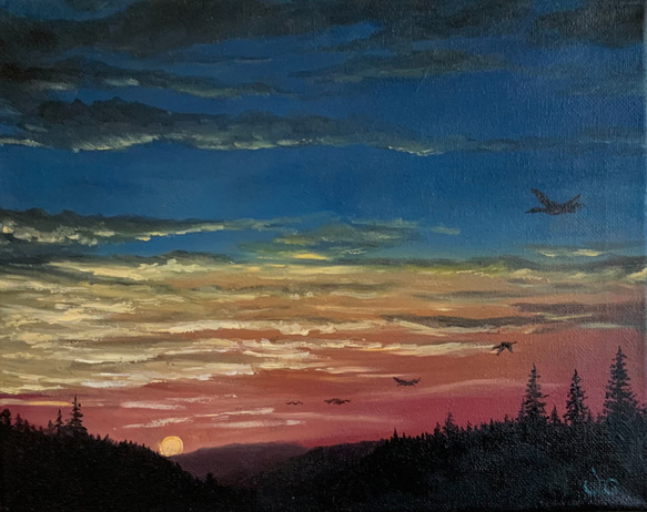 油絵手描き作品 手描きの油絵作品】夕暮れの鳥 絵画 JO's art gallery 通販