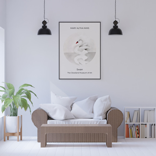 アートポスター、モノトーン、冬の風景画、白鳥、シンプル、北欧