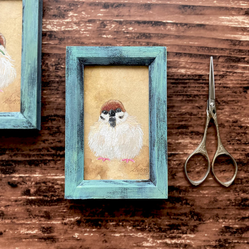 小さな絵画 スズメ①/原画 日本画 かわいい 動物 鳥 絵画 紫苑