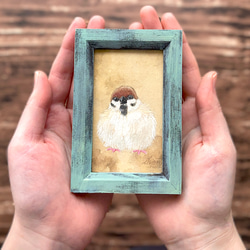 小さな絵画 スズメ①/原画 日本画 かわいい 動物 鳥 絵画 紫苑