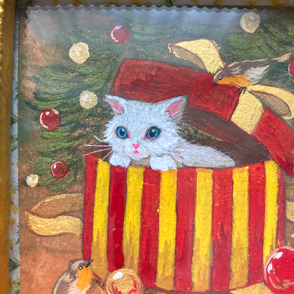 【受注制作】小さな絵画　「箱の中には・・・」/クリスマス　絵　猫　かわいい 5枚目の画像