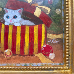 【受注制作】小さな絵画　「箱の中には・・・」/クリスマス　絵　猫　かわいい 6枚目の画像
