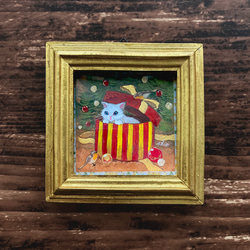 【受注制作】小さな絵画　「箱の中には・・・」/クリスマス　絵　猫　かわいい 1枚目の画像