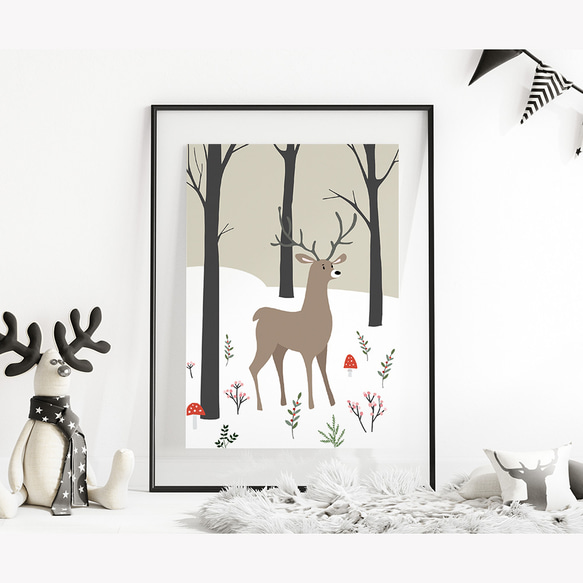 森の中の鹿のポスター　/ i1030 / 北欧の可愛い動物たち　クリスマスの子供部屋にも 5枚目の画像