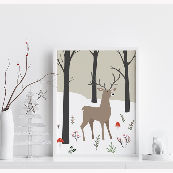森の中の鹿のポスター　/ i1030 / 北欧の可愛い動物たち　クリスマスの子供部屋にも 3枚目の画像