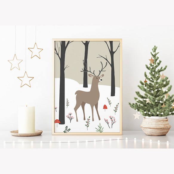 森の中の鹿のポスター　/ i1030 / 北欧の可愛い動物たち　クリスマスの子供部屋にも 2枚目の画像